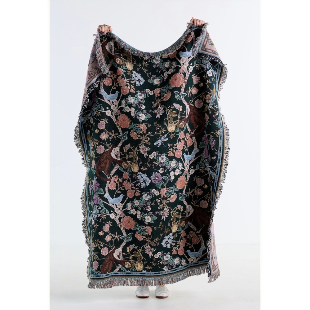 Anthropologie Estella Cotton Woven Tapestry Throw Blanket Green Floral Monkey